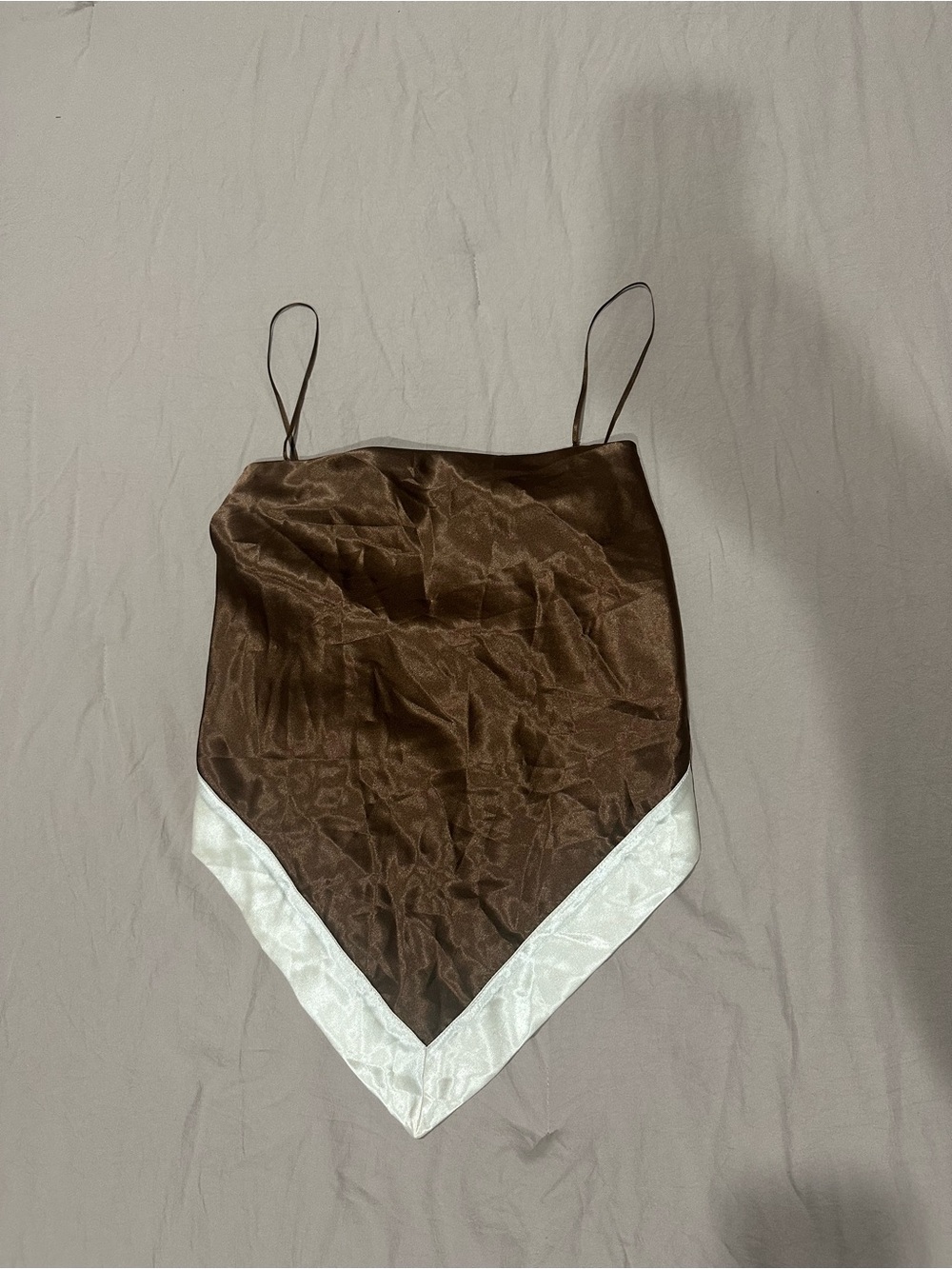 Brown Satin Handkerchief Hem Cami Top with White Trim